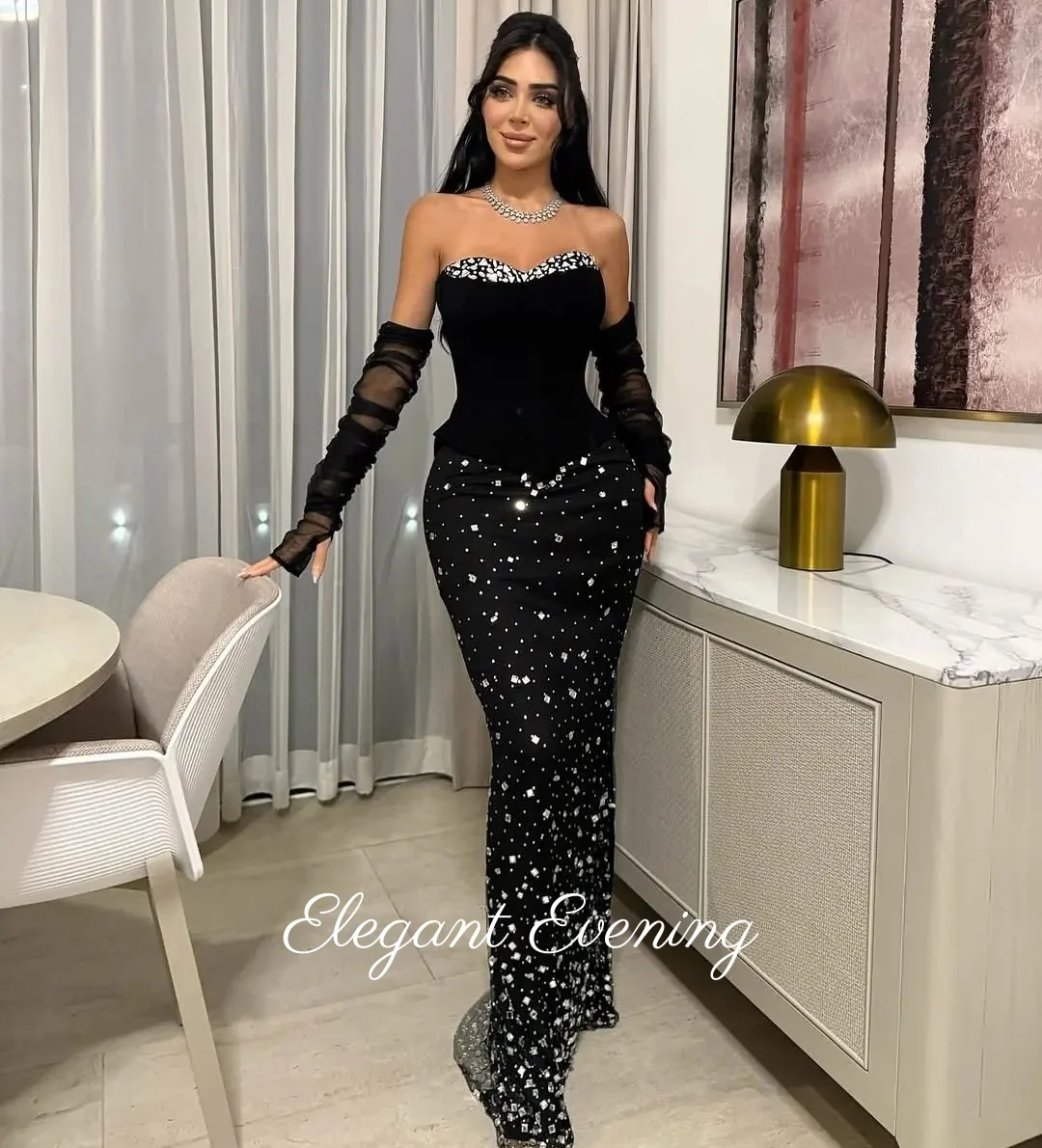 

Элегантные черные вечерние платья без бретелек, вечерние платья, платья для выпускного вечера, женские платья русалки с блестками, Саудовская Аравия, свадебная вечеринка по индивидуальному заказу