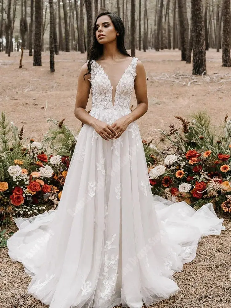 Eleganti abiti da sposa con colletto a V profondo per le donne morbido Tulle lucido a-line abiti da ballo più nuova popolarità Princess Vestidos De Novia