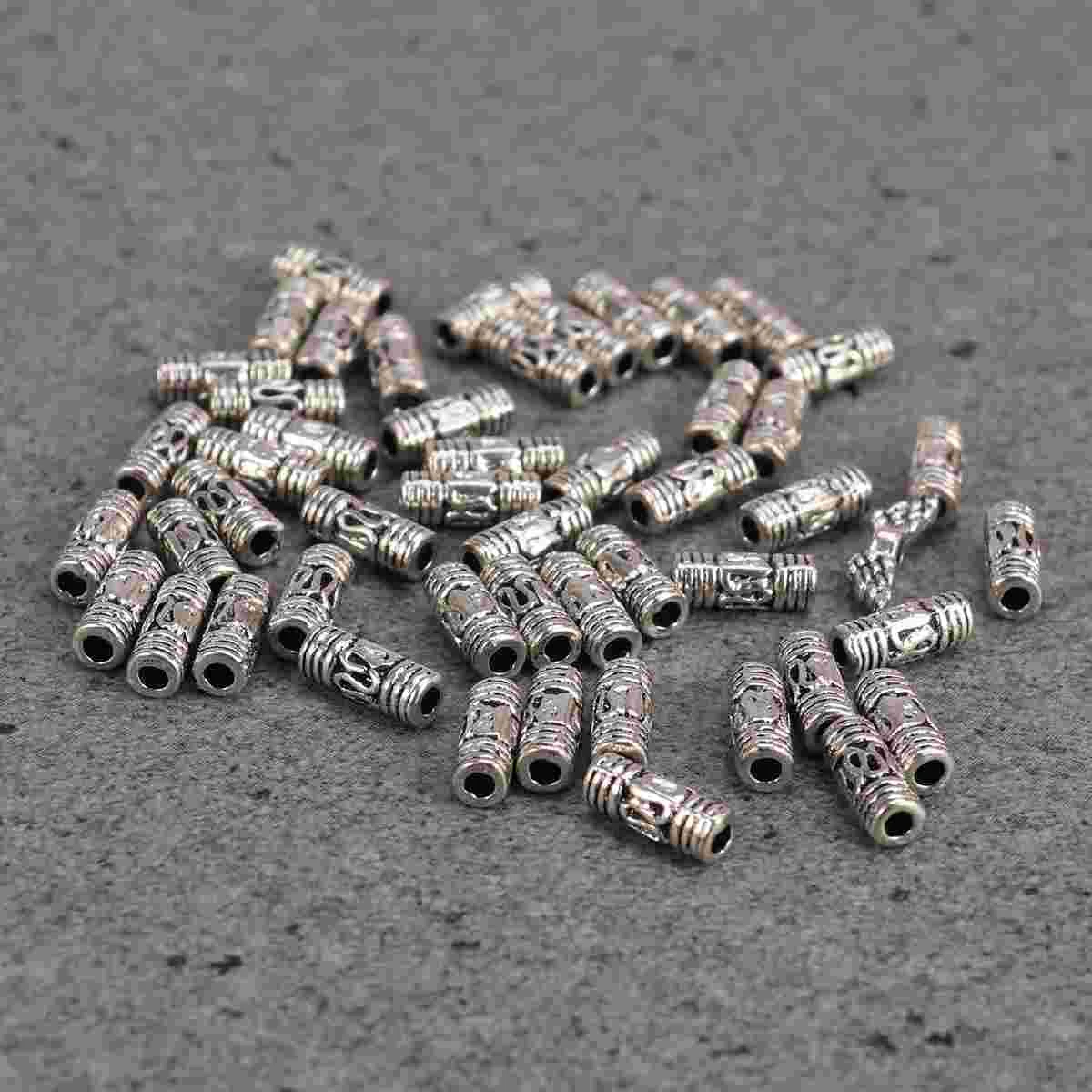 50 Pcs Small Cylindrical Spacer Beads Jewelry Making Findings Handicraft Accessory Alloy Silver