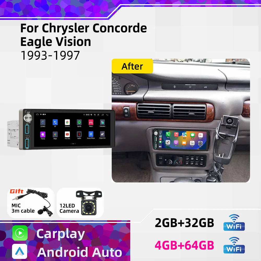 Estéreo para Auto con Carplay de 6.86" y 1 DIN para Chrysler Concorde Eagle Vision 1993-1997, Radio Multimedia Android para Auto, Unidad Principal con GPS
