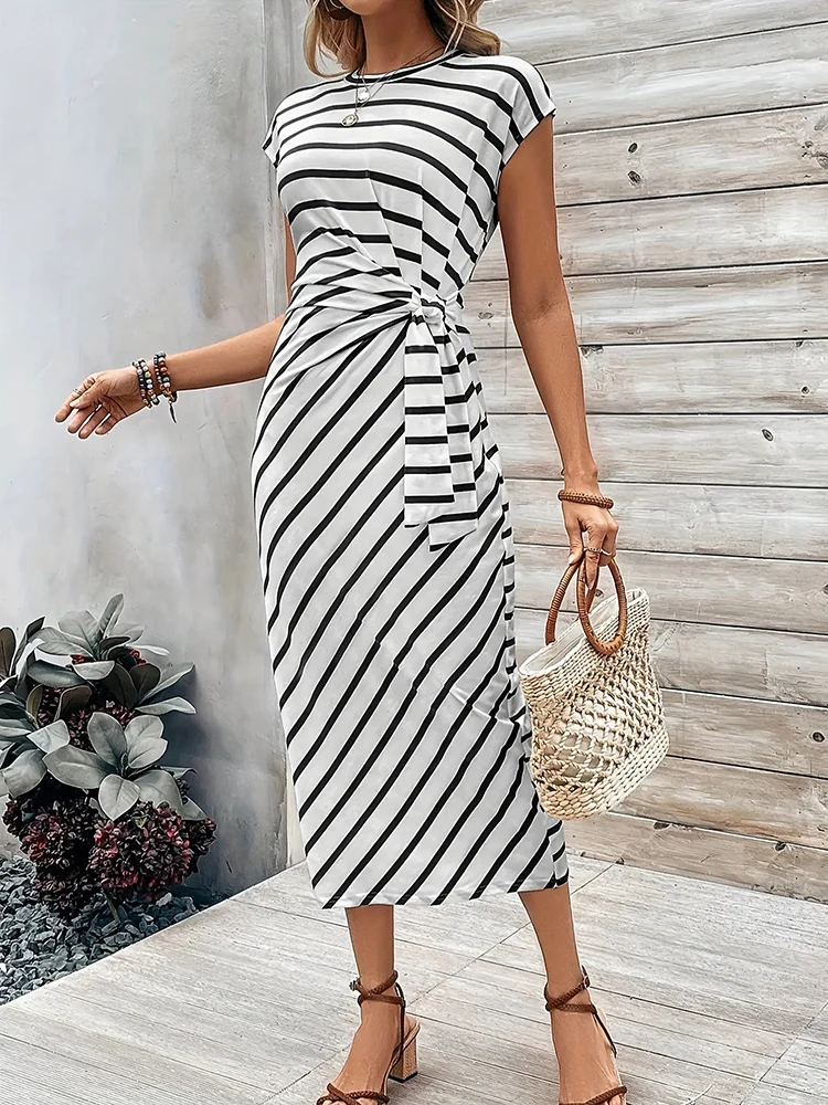 

Nice Arrival Slim Fit Summer Dress Bandage Maxi Long Dresses With Sleeves Stripe Elegant Women's Dresses Woman Clothing