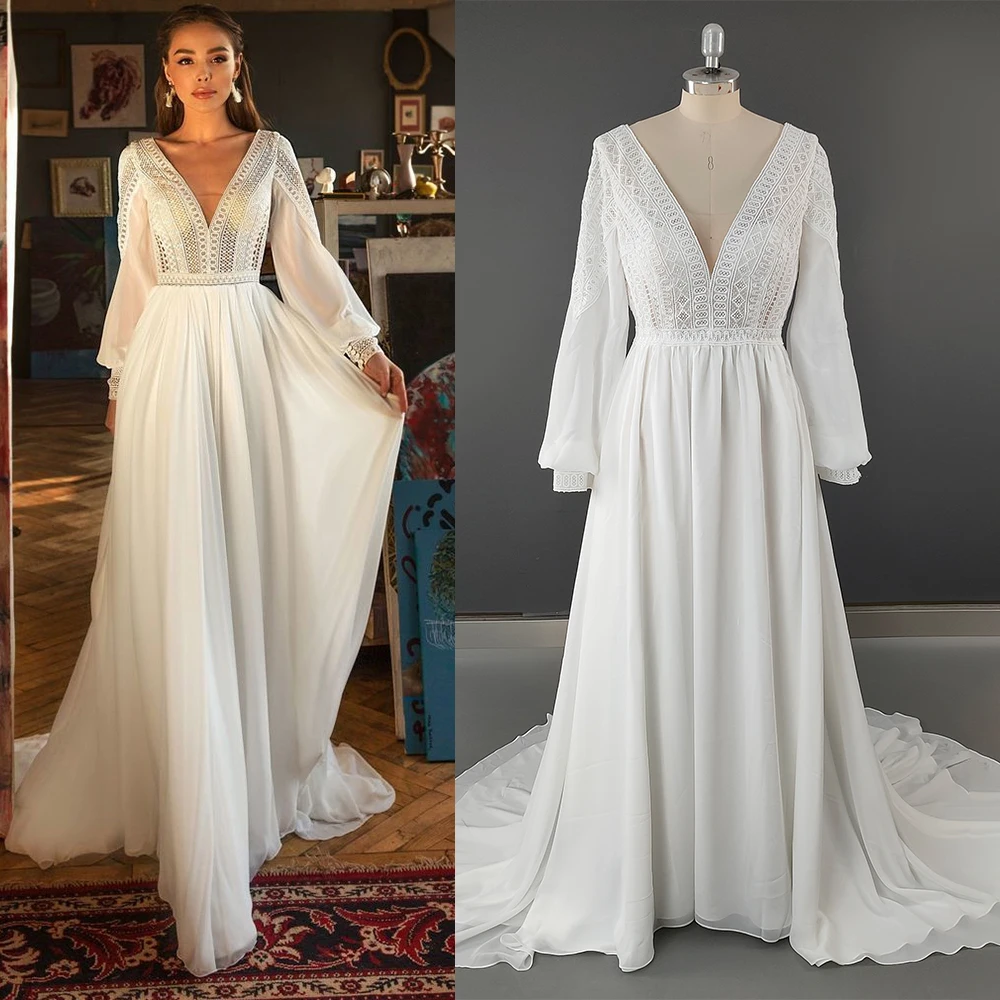 Mangas compridas chiffon vestido de casamento v pescoço robe de mariee aberto para trás mais tamanho chão comprimento boho praia mar dama de honra vestido de noiva