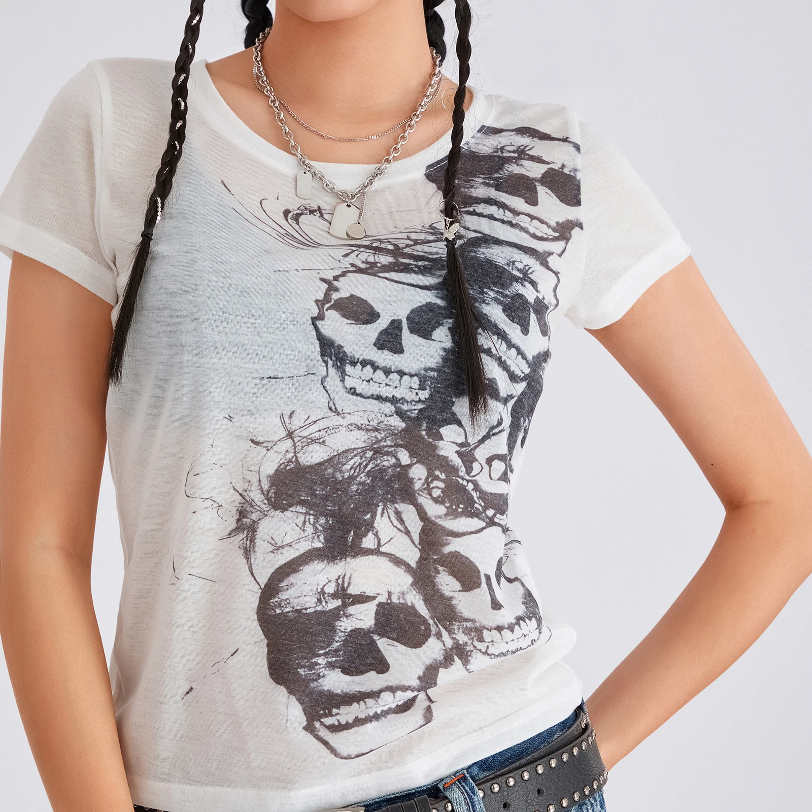 Camisetas Vintage con estampado de calavera para mujer, Tops cortos de manga corta informales de verano, ropa estética Grunge, ropa de calle