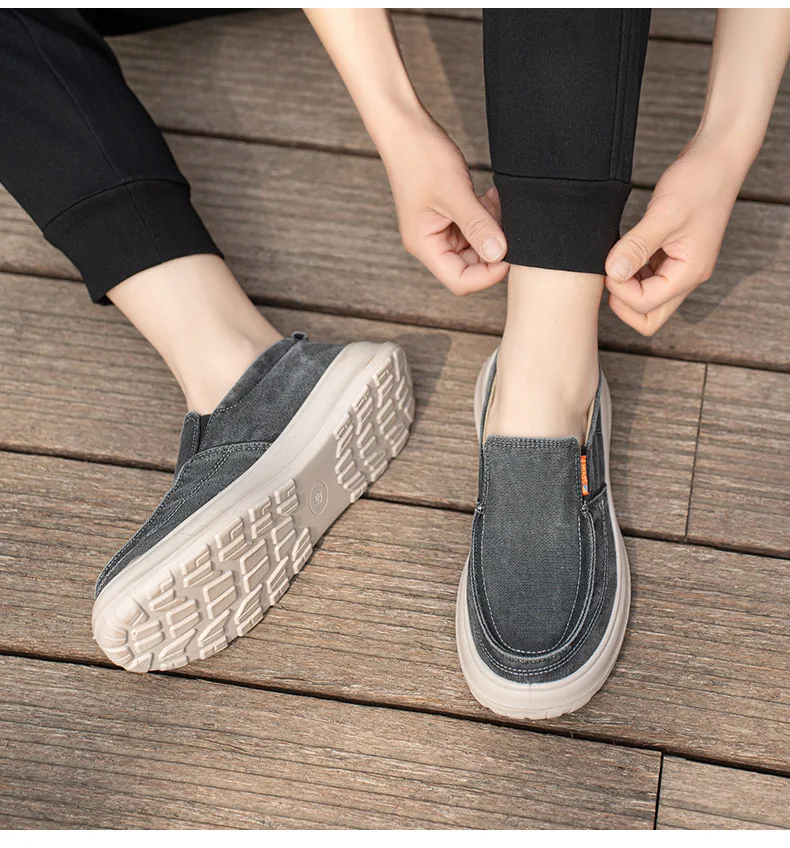 Herren-Slipper aus Canvas, lässige Schuhe, weiches Denim-Obermaterial, atmungsaktives Baumwollfutter, rutschfeste, dicke Sohle, bequeme Loafer zum Gehen. – Detail 14