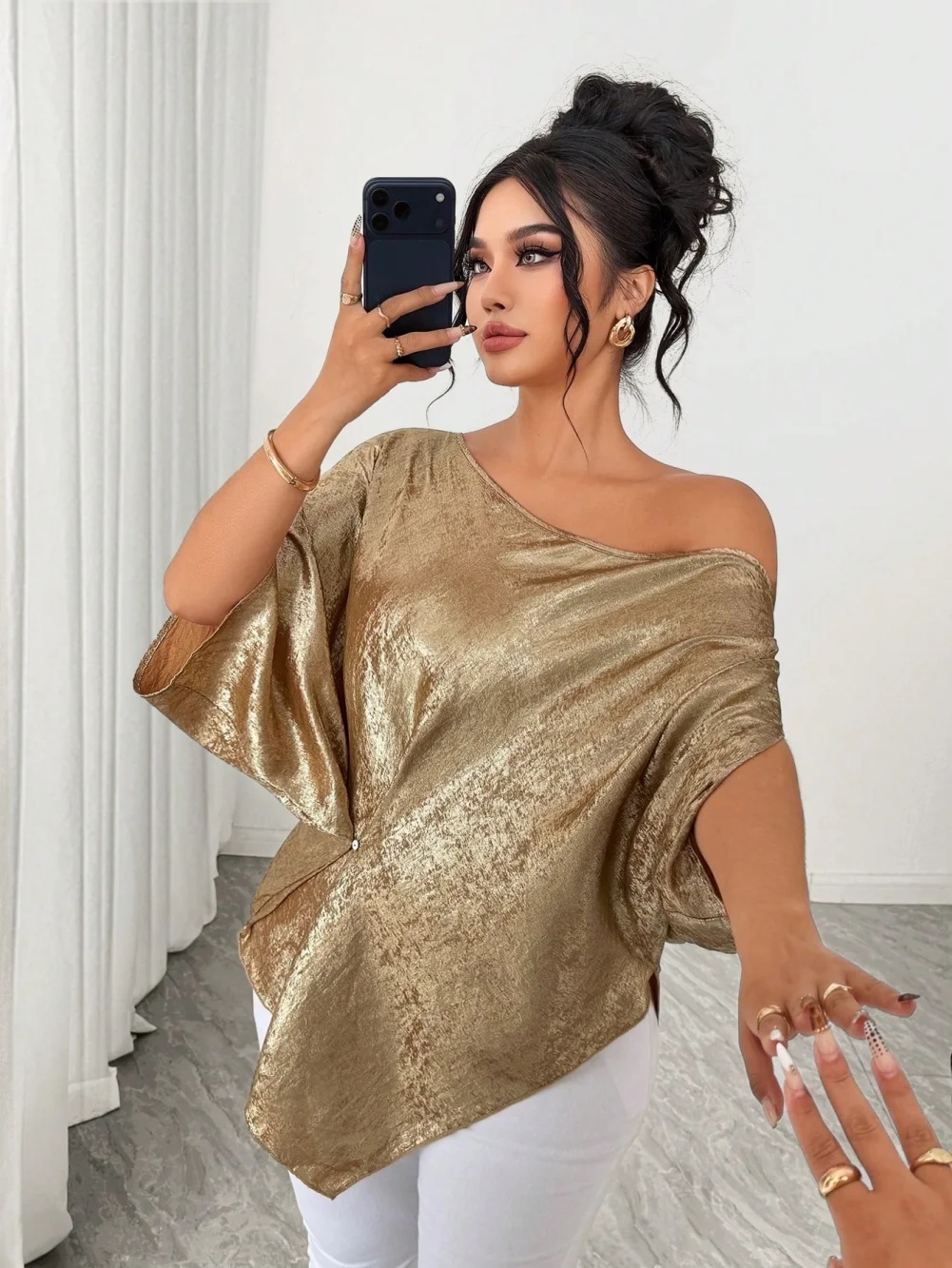 Elegant Asymmetric Shoulder Twisted Waist Design Women's T-shirt Fashion Irregular Top for Ladies
