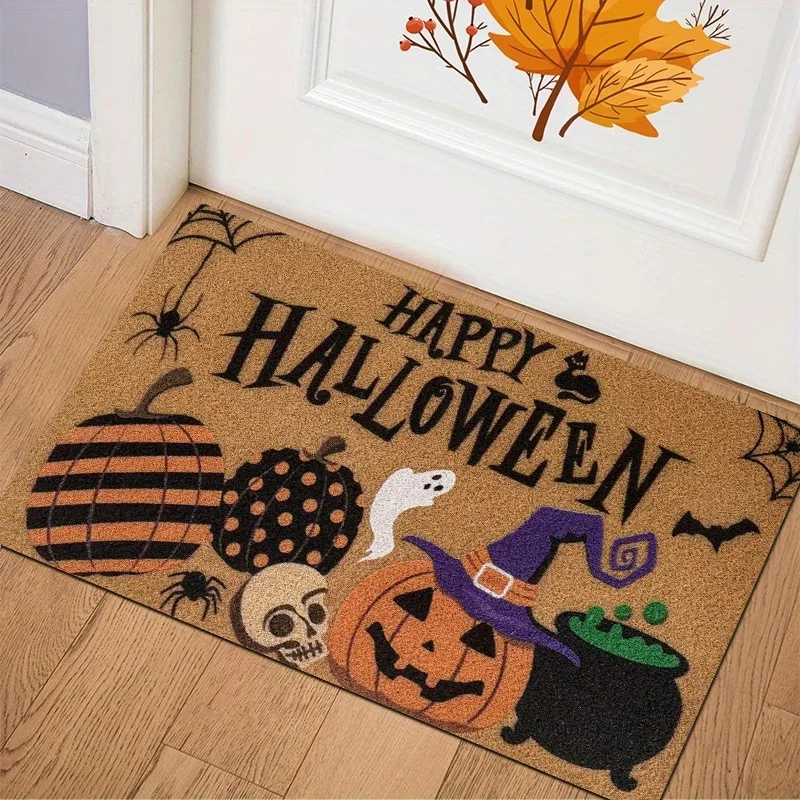 Happy Halloween Doormat Coir Texture Welcome Rug Witch Cauldron Ghost Skull Entryway Carpet Corridor Cafe Hotel Floor Decor Mat