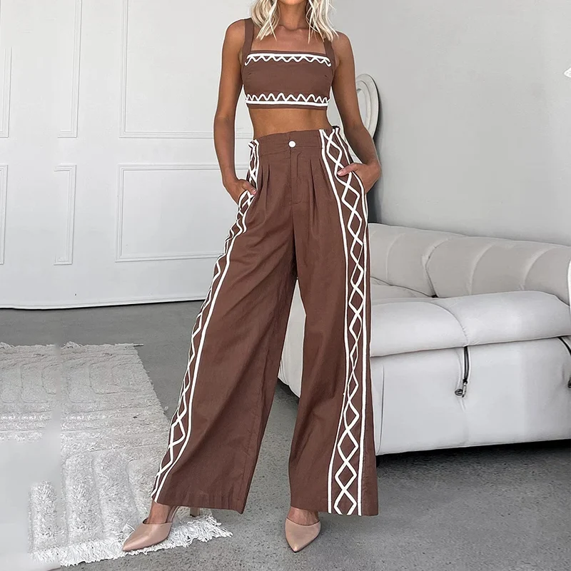 Waytobele Women Two Piece Set Summer Fashion Suspender Corrugated Printed Sleeveless High Waist Top With Pocket Pants Sets