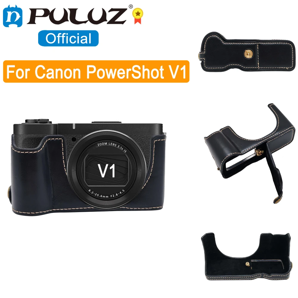 PULUZ For Canon PowerShot V1 Camera Half Case Base Solid Color PU Leather Cover Soft Inner 1/4 inch Screw Bottom Base