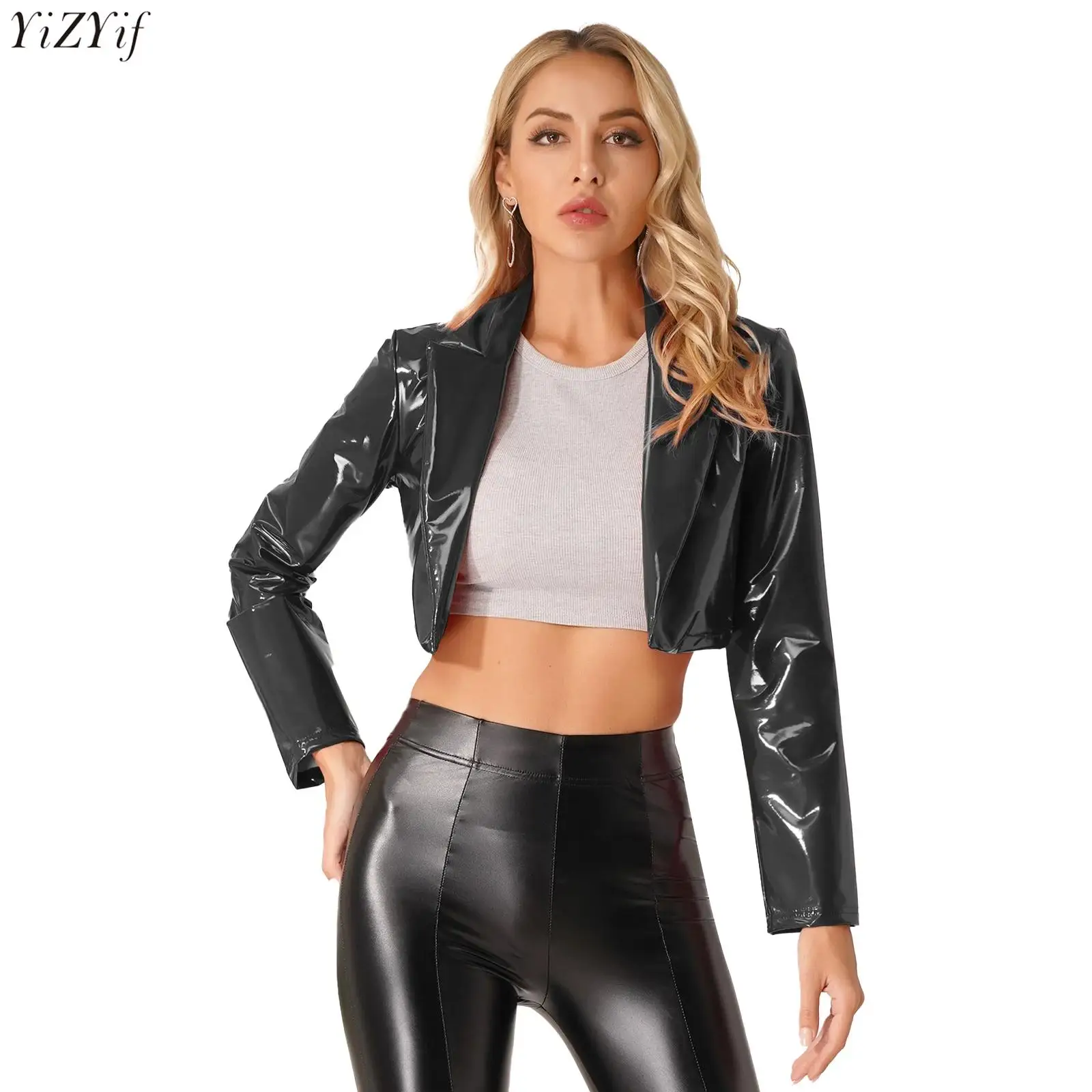 

Womens Jacket Coat Wet Look Patent Leather Long Sleeve Lapel Coat Cropped Tops Fashion Raves Party Club Music Festival Outerwear