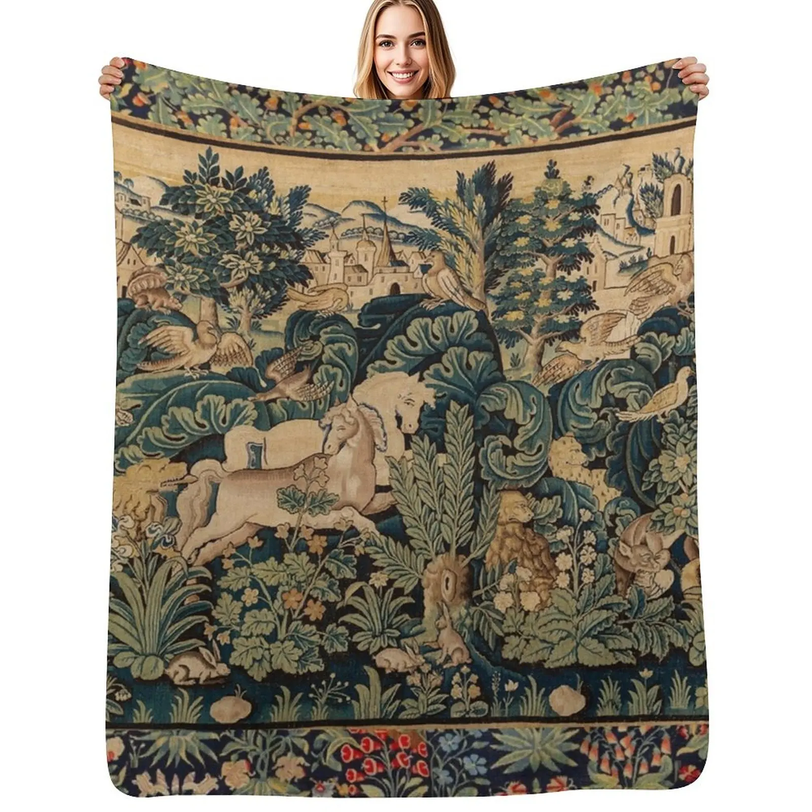 FANTASTIC ANIMALS AND HORSES IN WOODLAND Blue Green Ivory Antique French Tapestry Throw Blanket Hairy for winter Blankets