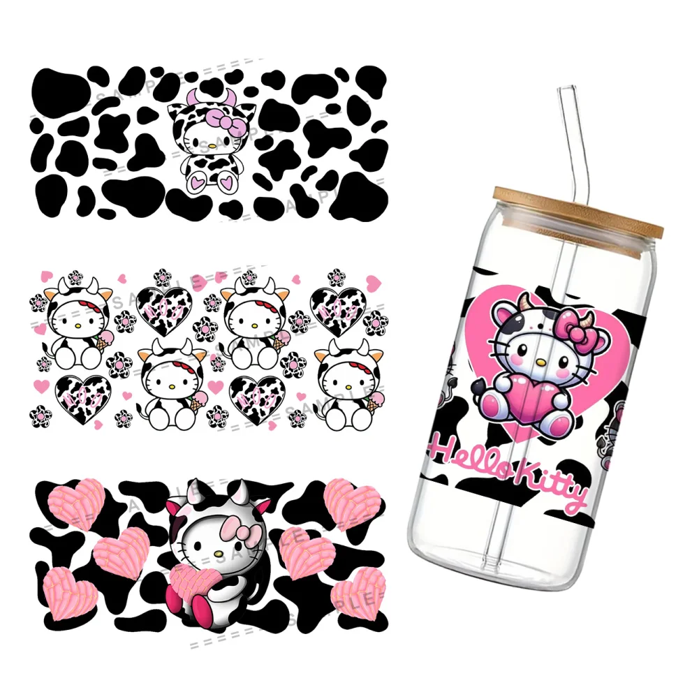 11x24cm Cute Milk Cow Hello Cat Sanr UV DTF Wraps Sticker DIY For 16oz Glass Cup Waterproof Decals Phone Case Girls Sticker view 4