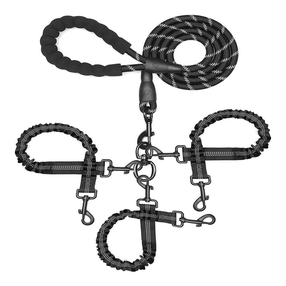 3 Dog Leash No Tangle,Heavy Duty Multiple Dog Lead Shock Absorbing Bungee with Pad Removable Pet Tractionded Handle