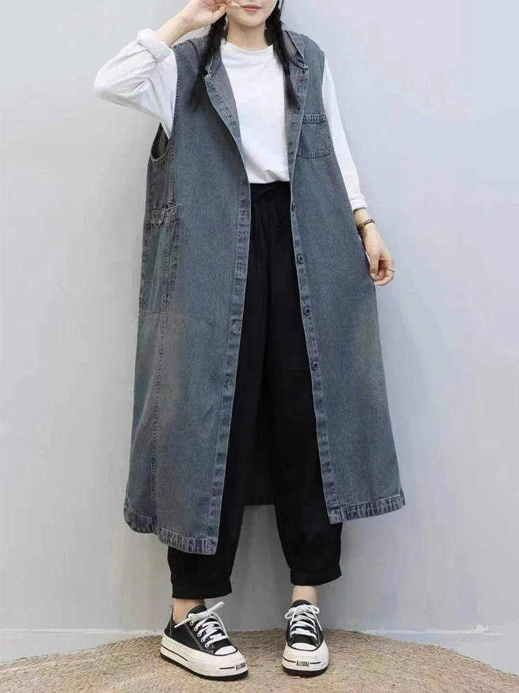 Max LuLu Autumn Long Sleeveless Clothes Womens Loose Fashion Hooded Denim Vest Coats Ladies Classic Leisure Vintage Waistcoats