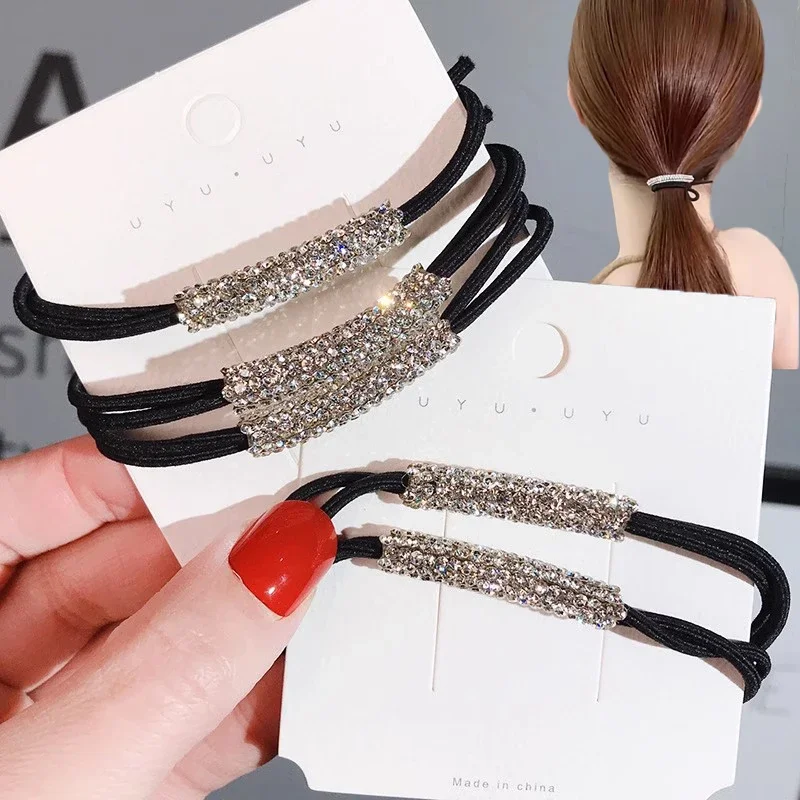 Shiny Crystal Rubber Bands Hair Accessories Women Black Rhinestone Elastic Hair Girls Lovely Hair Ropes Ponytail Holder Tie