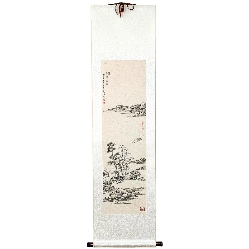 Original Hand‑Drawn Chinese Ink Scroll, Traditional Landscape Painting & Calligraphy Artwork, Hanging Wall Scroll Decoration
