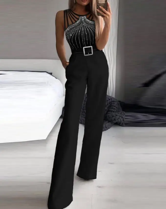 Elegant Party Jumpsuit for Women Round Neck Office Multi Strap Sleeveless Rhinestone Bootcut High Waist Wide Leg Pocket Overall