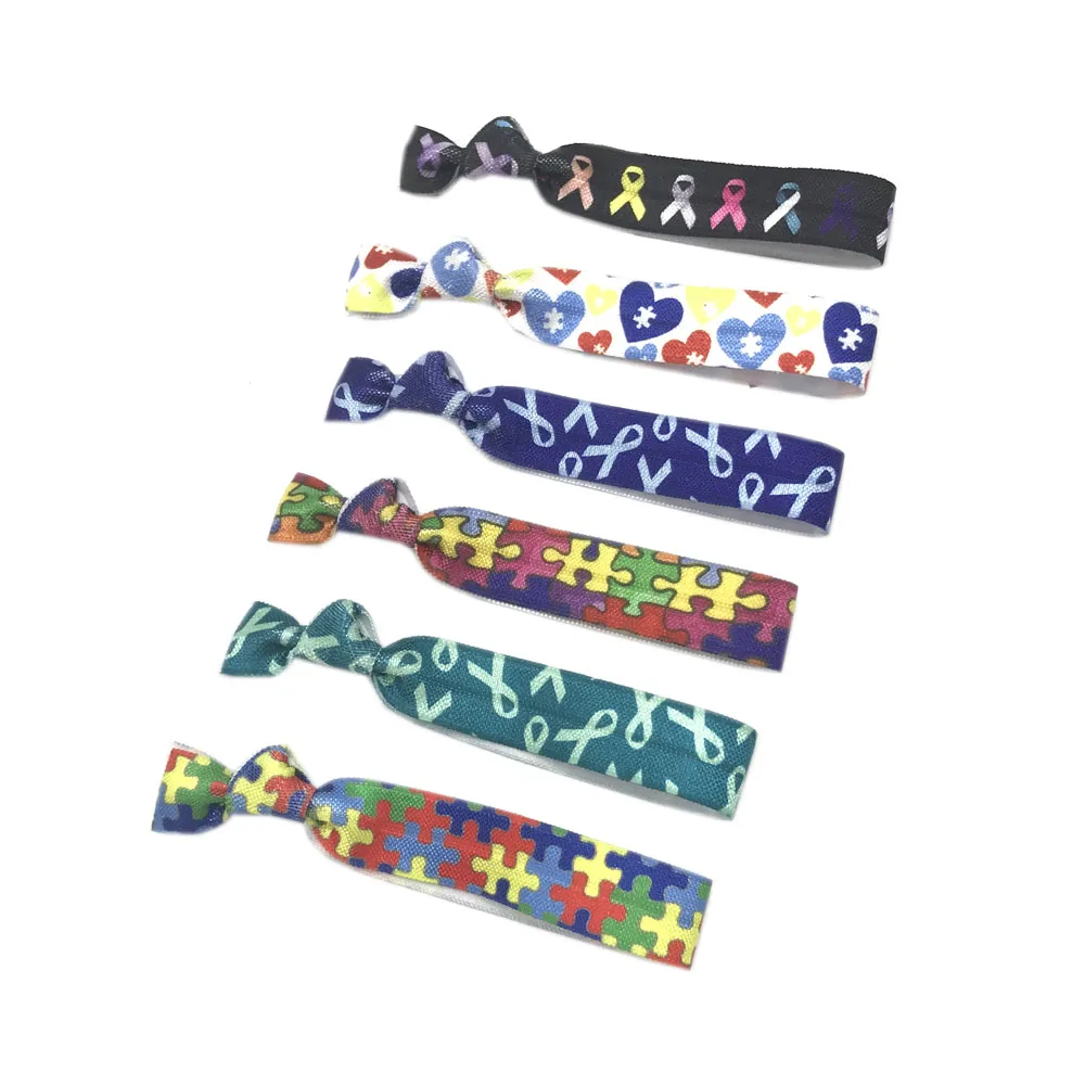 

30pcs/Lot 15mm Autism Puzzle Pieces And Breast Cancer Print Fold Over Elastic Band Hair Tie FOE Ribbon Bracelet Ponytail Holder