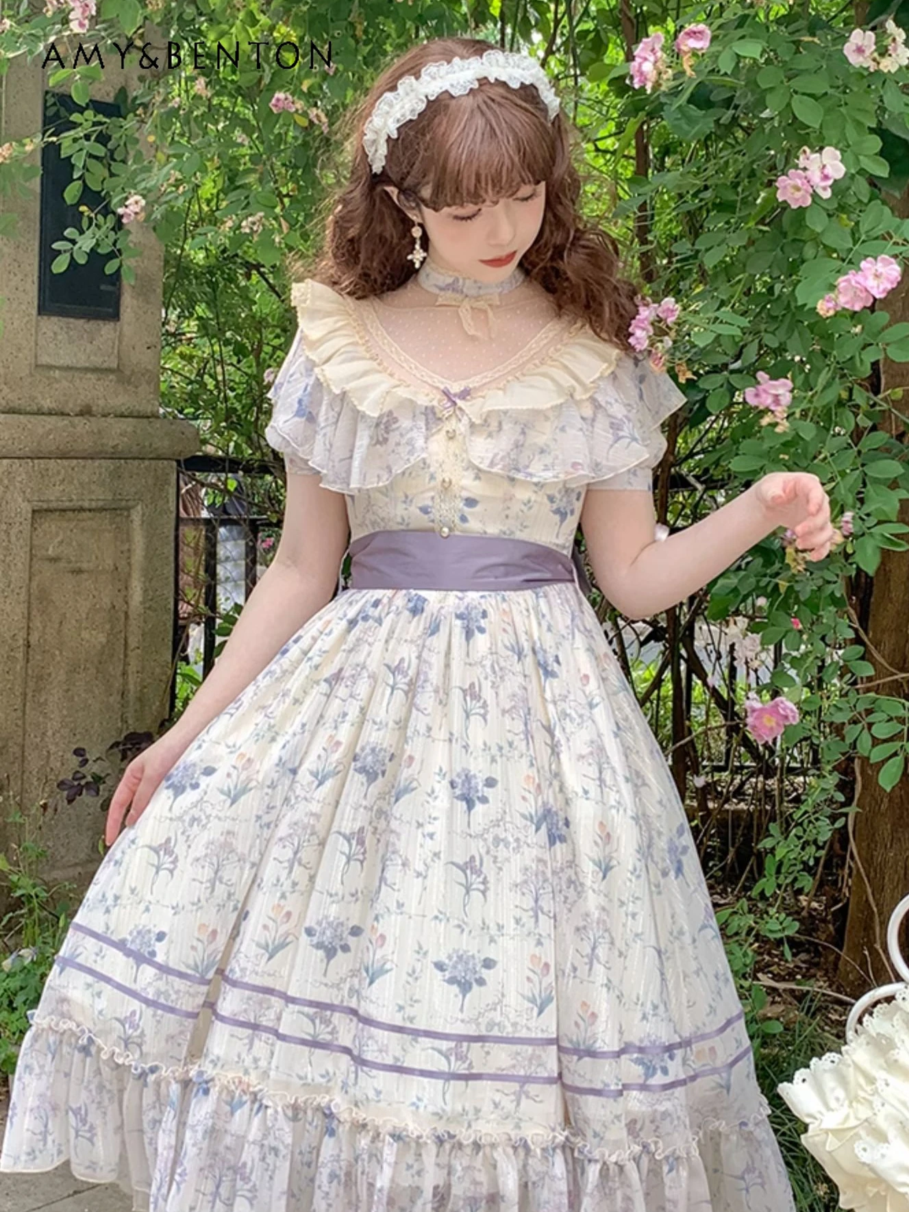 

Mori Sweet Retro Princess Dress for Women Summer New Cute Bow Print Slim Ball Gown Dresses Temperament Kawaii Lolita Dress