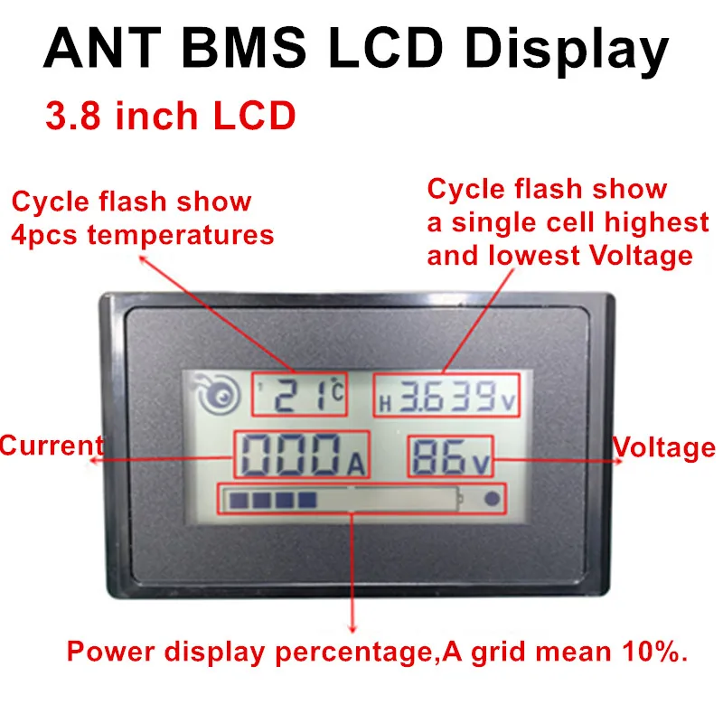 BMS 3.8 inch LCD Display Screen show voltage 16S 20S 24S 22S Li-ion Lipo lifepo4 Battery Protection Board Voltage Capacity Meter