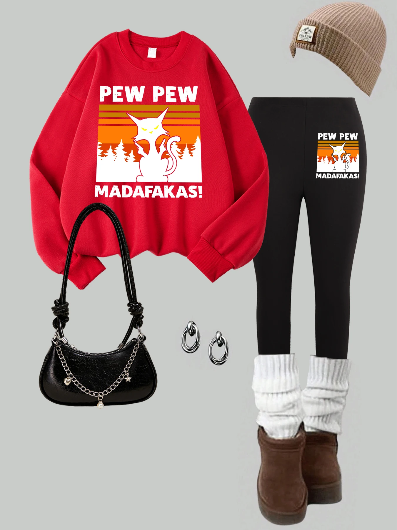 Pew Pew Madafakas 猫プリントプルオーバー女性 Y2K O ネックスウェットシャツセット秋厚みのあるレギンス快適なマルチカラーパンツ