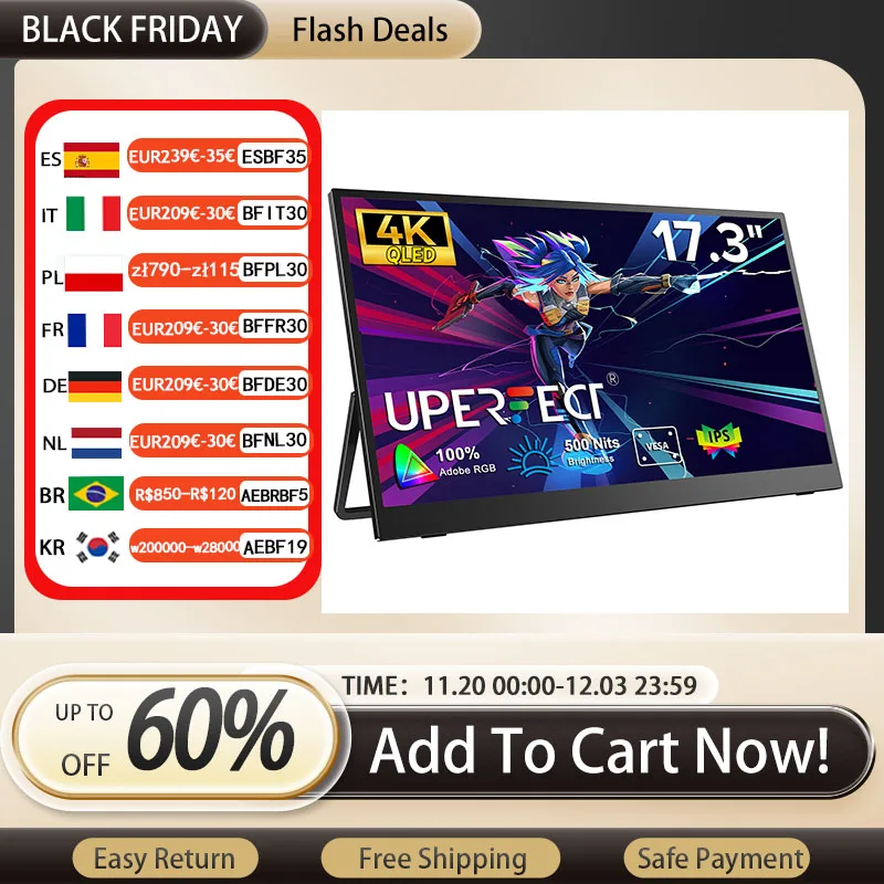 

UPERFECT 17,3 "4K 500 нит портативный монитор 100% DCI-P3 16:9 HDR FreeSync IPS экран путешествия офис игровой дисплей для ПК XBox PS4/5