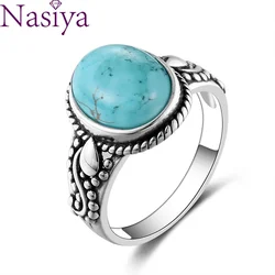 S925 Sterling Silver Oval Natural Turquoise Rings for Men Women Silver Fine Jewelry