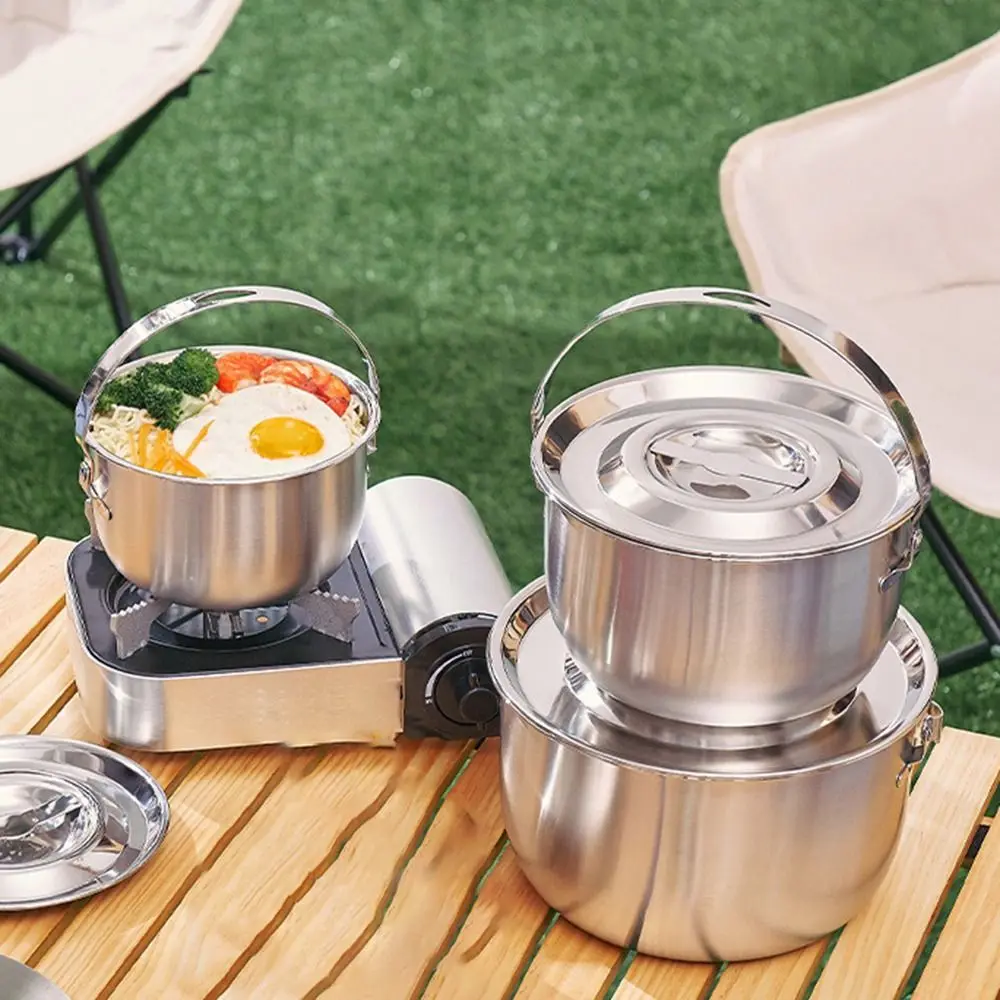 

Stainless Steel Outdoor Camping Pot with Handle and Lid Multifunctional Hanging Camping Cookware 17-26cm Durable