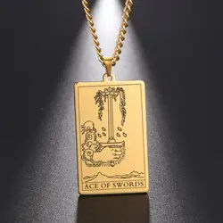 Dawapara The Suit of Swords Tarot Card Amulet Pendant Necklace Link Chain Stainless Steel Golden Black Jewelry