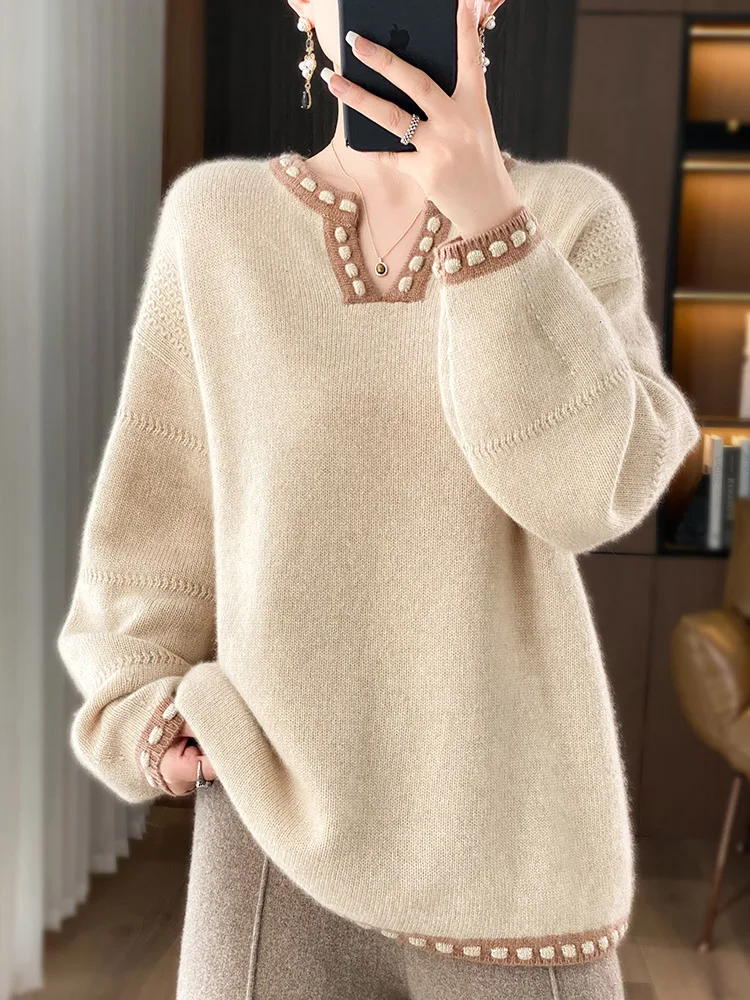 

Casual 100% Merino Wool Women Sweater Autumn Winter V-Neck Knitted Pullover Long Sleeve Cashmere Clothing Tops Loose Jumper