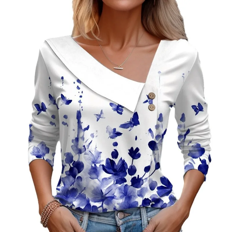 Women's Pullover Women's Clothing New Items Two Buttons Slant Collar With Butterfly Printing Women's Blouses Trend 2024.