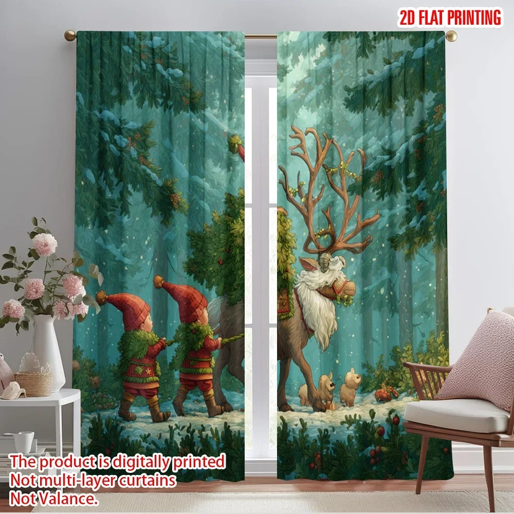 2pcs,2D plane printing Contemporary Curtains Merry Christmas Santa Claus_ Reindeer and Dwarfs Magic Forest Durable 100%