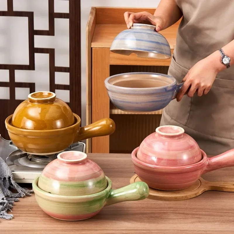 Korean Creative Gradient Ceramic Casserole with Handle Color Blocking Clay Milk Pot Saucepan Cookware Family Kitchen Cooking Pot