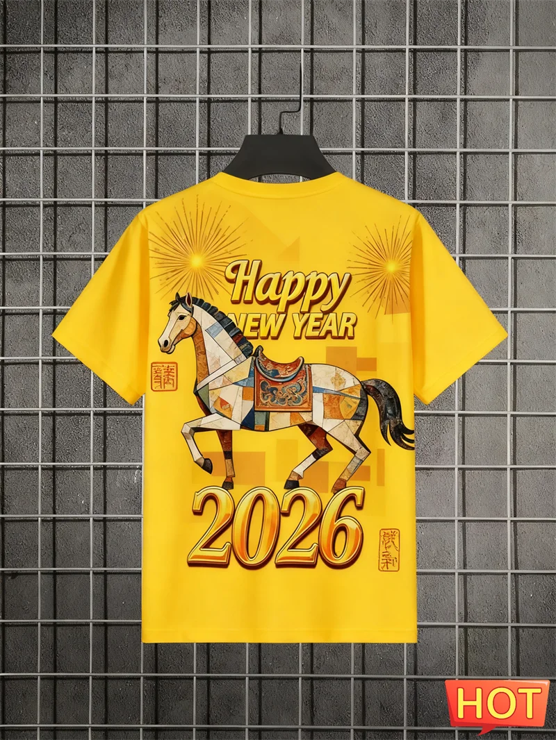 Happy New Year 2026 Letters Horse Pattern T Shirt Fashion Trendy Men Women Short Sleeve 3D Printed T-shirt Loose Breathable Tees