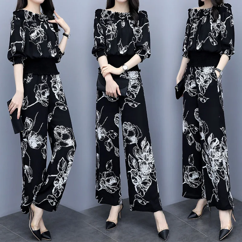 Elegant Fashion Floral Print Pant Sets Summer 2023 Slash Neck Short Sleeve Tunic Blouse Elastic Waist Long Pants Slim Women Sets