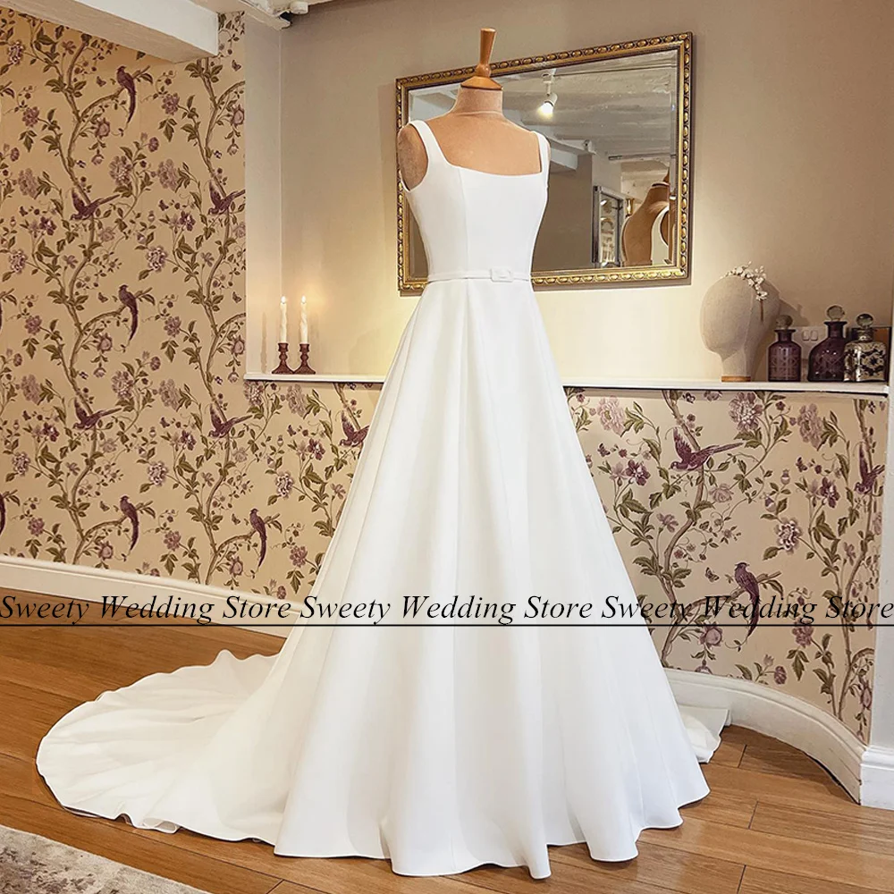 

Charming A Line Wedding Dress Square Neck Sleeveless Plain Belt Backless Custom Size Vestidos De Novia Bridal Gown Bride Dresses