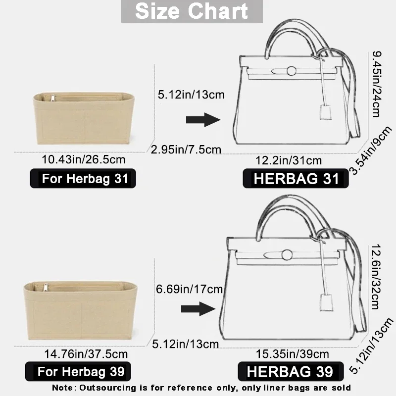 For Hermes Herbag 31 39 Handbag Insert Bag Felt Makeup Organizer Bag Inner Purse Portable Base Shaper