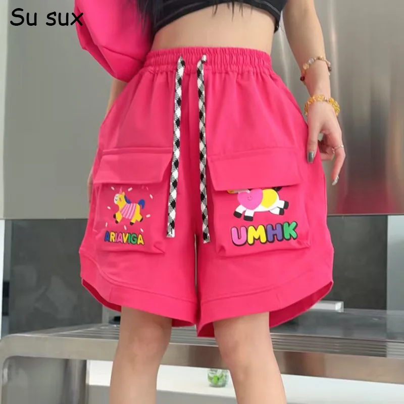 

Летние повседневные женские брюки-карго 2026 с мультяшным принтом и карманами, в японском и корейском стиле, оверсайз, обхват бедра 126 см, уличная мода