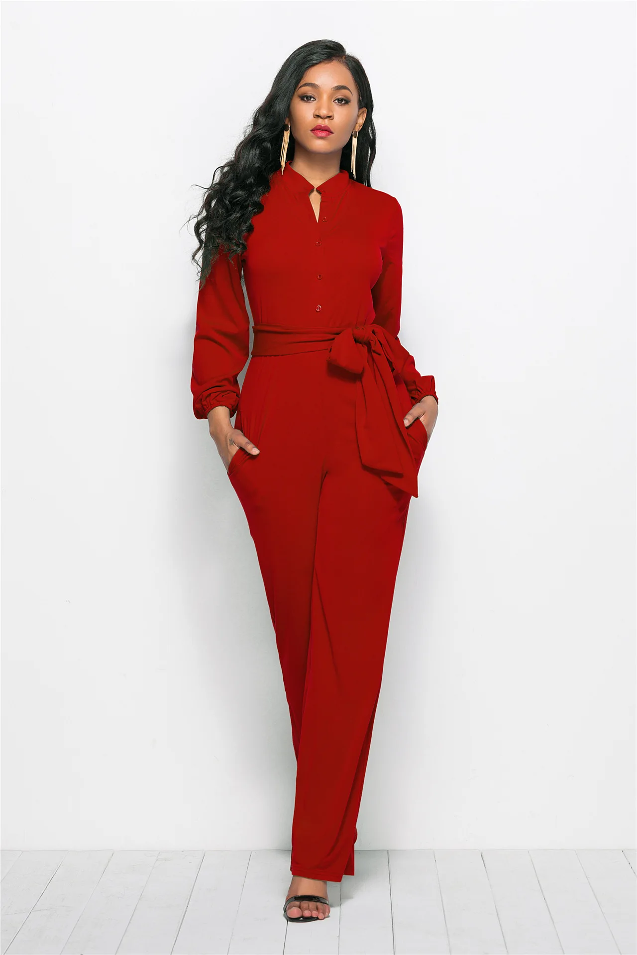 Temperament Solid Color Slim Jumpsuits Women Fashion Long Sleeve Buttons High Waist Leace-up Jumpsuit Ladies Commuting Clothing