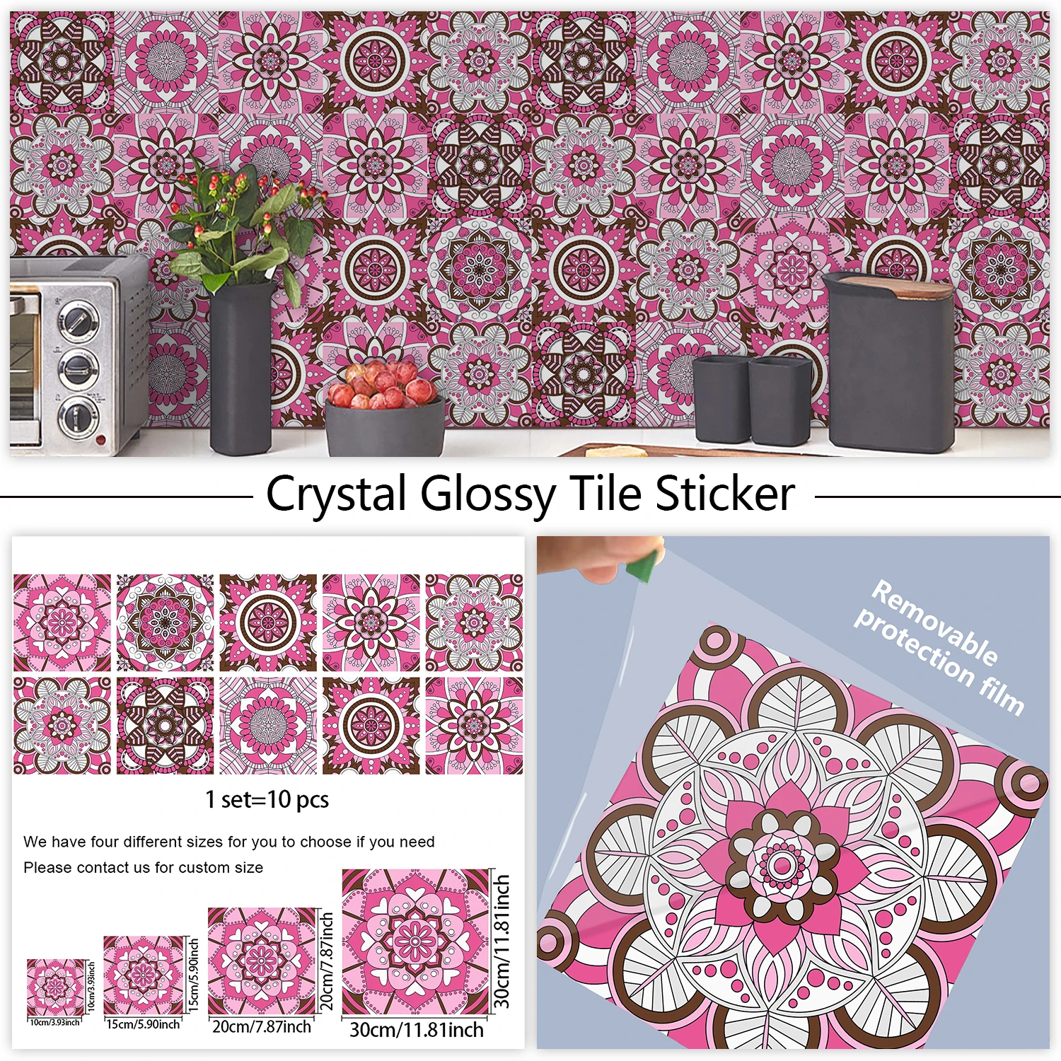 Pink Mandala Vintage Decor Tiles Styles Tiles Wall Sticker Kitchen Backsplash Oil-proof Peel & Stick Home Decor Art Wall Decals