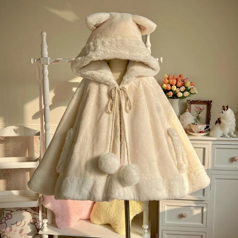 

Японский сладкий шерстяной плащ в стиле Лолиты, женское пальто Kawaii, милые плюшевые накидки с капюшоном и медведем, куртки, корейская мода, теплые пончо