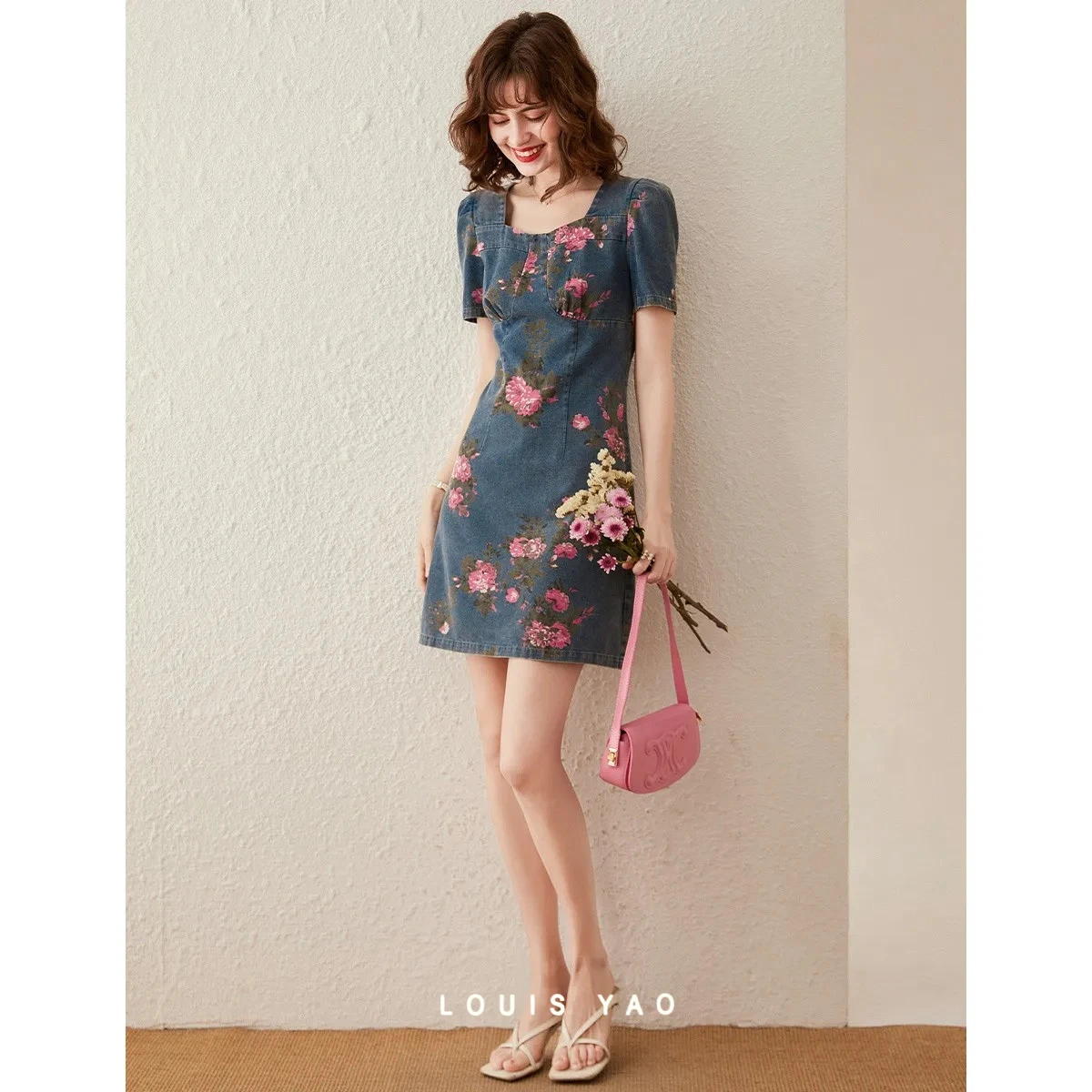 

LOUIS YAO Print Denim Dress 2026 Summer Fashion Romantic Puff Sleeve Slim Fit Casual Midi Dress Square Neck Women's Dress