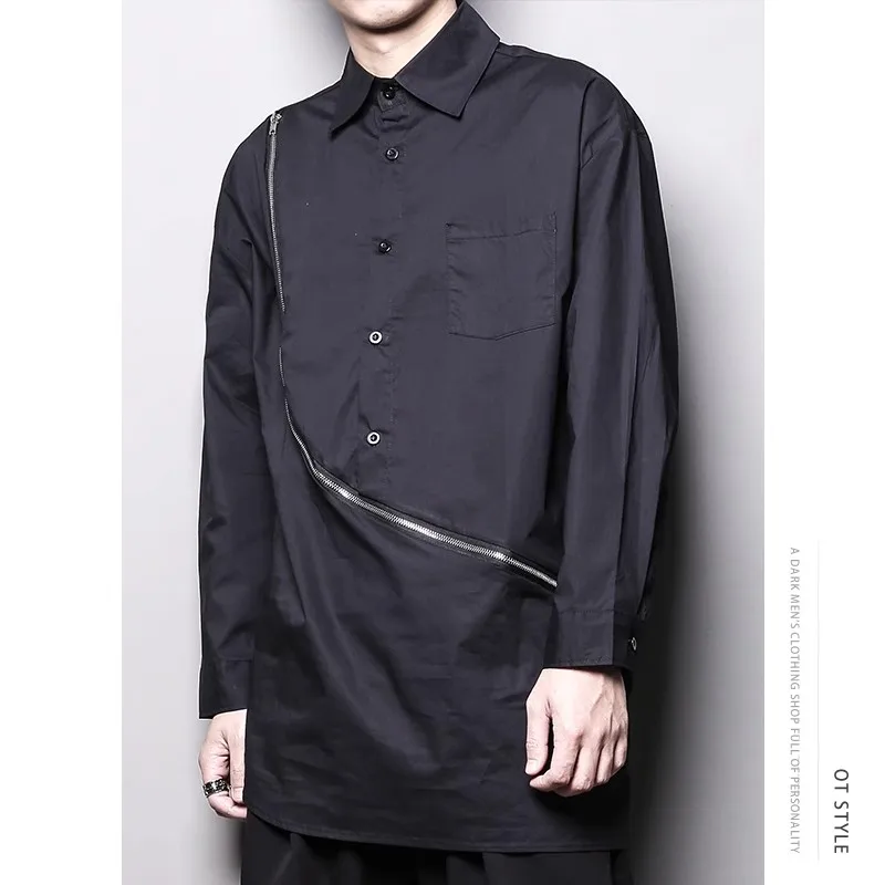 Custom clothing.Spring and autumn original dark zipper splicing irregular long-sleeved mid-long shirt