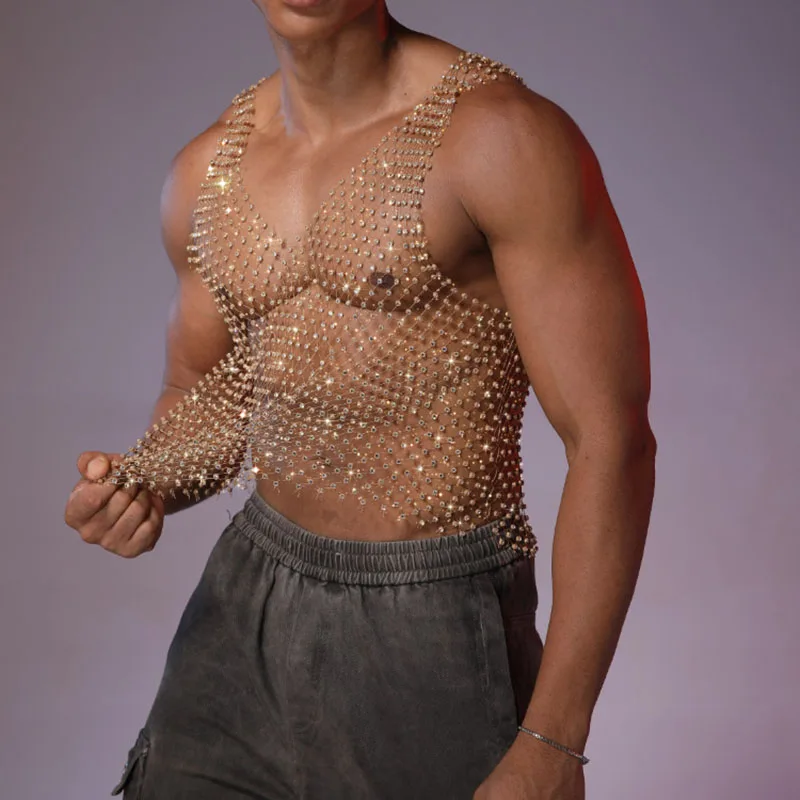 Men Rhinestone Mesh Sheer Vest American Fashion Sexy V-neck Tank Tops Summer Nightclub Performance Male Shiny Sleeveless Tees