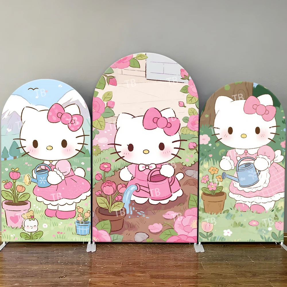 

Hello Kitty Gardening Arch Backdrop Cover Watering Pot Flower Scene For Girls Birthday Party Cute Cartoon Theme Photo Booth