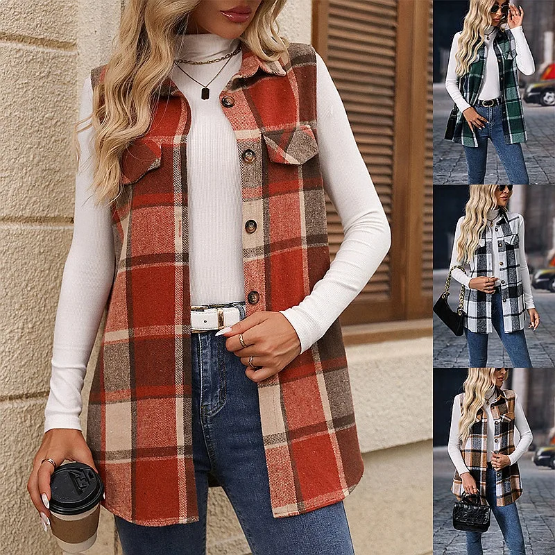Women's Sleeveless Vest Gilet, Plaid Print, Loose Fit, Spring Summer Fashion Top
