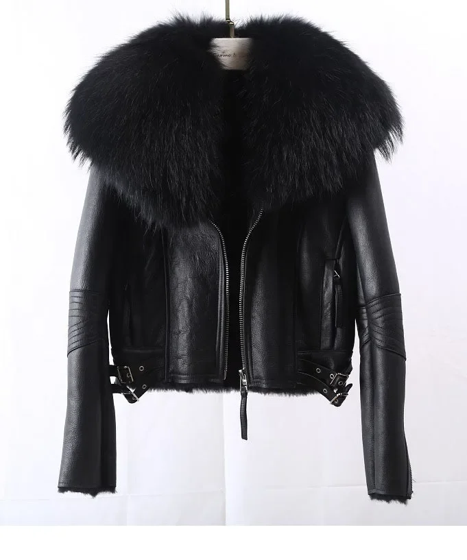 Women Real Lamb Fur Leather Jacket With Fox Fur Collar Short Coat