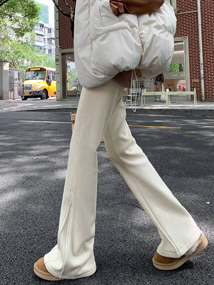 Women's Autumn Winter Slim Flare Pants Lady Casual Streetwear High Waist Elastic Waist Boot But Full Length Pants