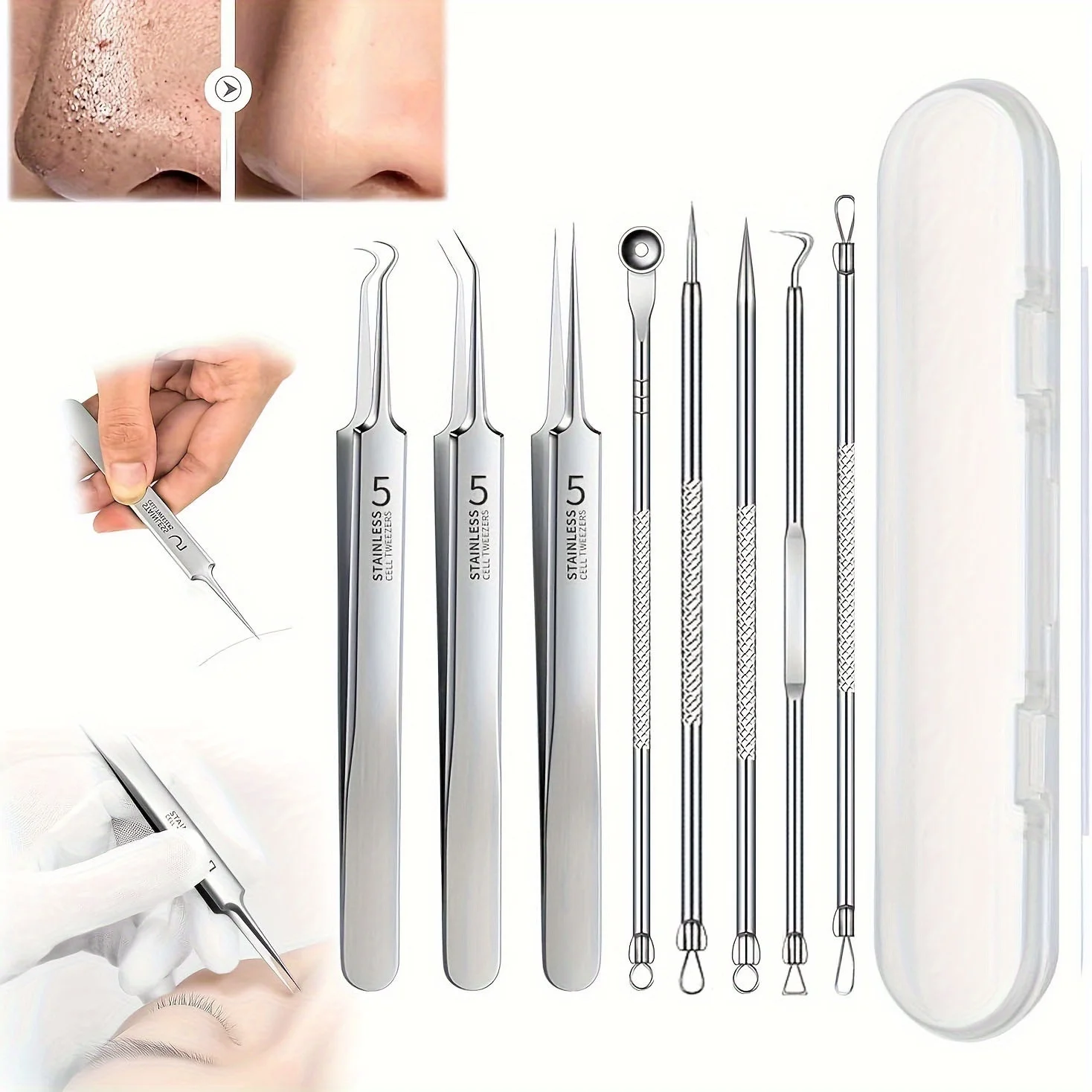 8pcs Professional Facial Blackhead Remover Tweezers, High-Precision Stainless Steel Tweezers-Needle-Nose Pliers Tool Kit