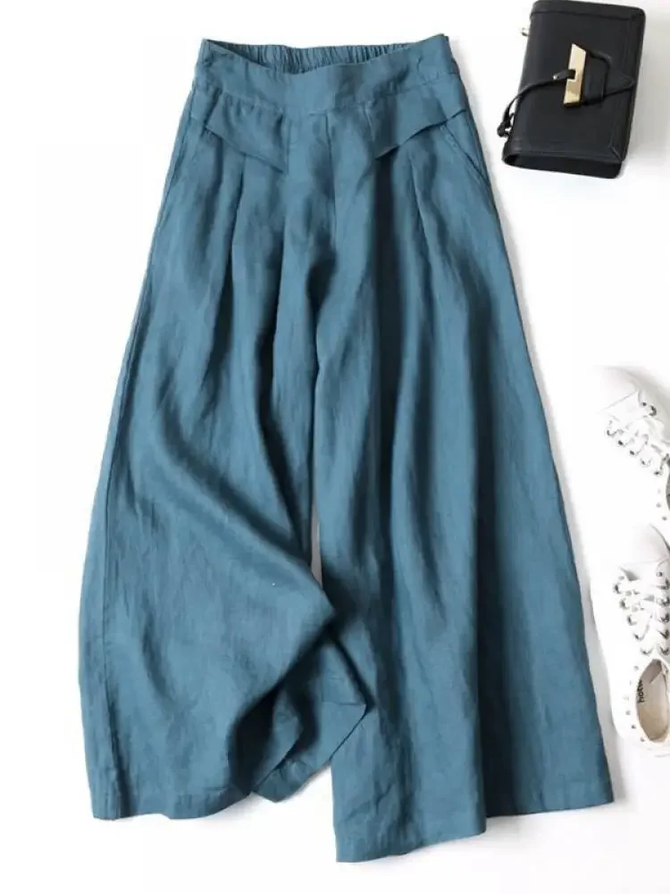 Yeezzi 2025 New Women Solid Color Ninth Wide-Leg Pants Loose Elastic High Waist Ramie Cotton Casual Daily Trousers Bottoms