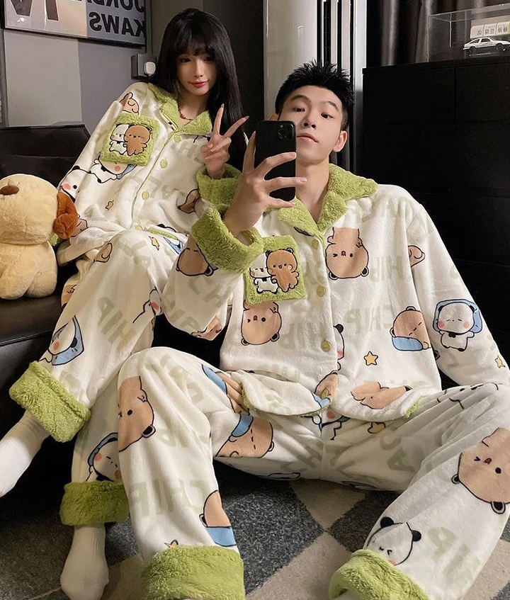 

Anime BUBU DUDU Couple Pajamas Suits Autumn Winter Fleece Thickened Coral Fleece Flannel Men's Girls' Plush Hooded Homewear Pant